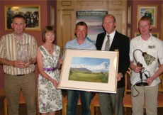 Captain Dr Ken Devlin presents captain's prize to winner John Gibbons.  Also included in photo are (L-R) Eugene Noone (3rd) Mrs Teresa Devlin, John Gibbons, Captain Dr Ken Devlin and Paul Grant.