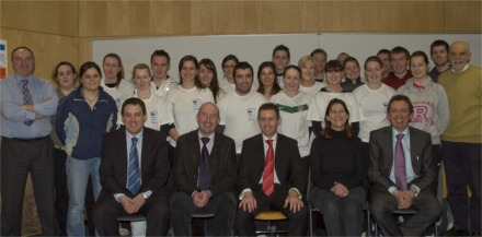 Senator Brian O'Domhnaill pictured with final year students of the LYIT Bachelor of Business in Sports Development and Coaching with LYIT staff. Also pictured are LYIT president Paul Hannigan, Donegal Sports Partnership co-ordinator Myles Sweeney, the HSE's Anne McAteer and head of business Billy Bennett.