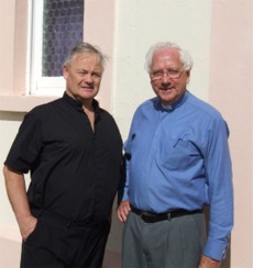 Fr Paddy O'Kane, left, and Rev Eric Lawson outside the Methodist Hall in Moville.