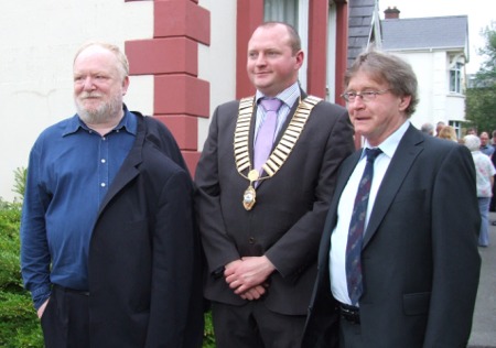 Playwright Frank McGuinness, left, who is the first person to receive the Freedom of Buncrana, pictured along with Buncrana mayor, Cllr Lee Tedstone and Frank's partner of 30 years, Philip Tilling, a lecturer at the University of Ulster, Coleraine.