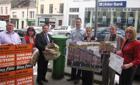 Pictured yesterday at the launch of Sinn Fin's new postcard campaign are from left, Councillor Gerry McMonagle, Councillor Marie-Therese Gallagher, Councillor Pdraig MacLochlainn, Senator Pearse Doherty, Councillor Cora Harvey, Councillor Mick Quinn and Udars na Gaeltachta representative Grinne MhicGidigh.