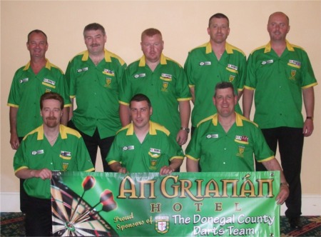 The Donegal County Darts Team at the recent All-Ireland tournament in City West, Dublin. Back row, from left, are James Weir, John Flood, Junior Coyle, Sean Wilson and Anthony Whoriskey. Front, from left, are Martin McCloskey, Paddy Boyce and Mike Naulty.
