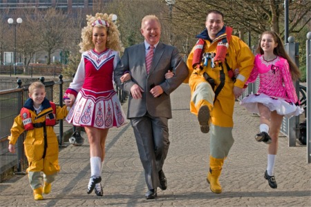 UTV's Julian Simmons helps launch the RNLI's bid to beat the Guinness World Record for the longest Riverdance line-up. Also pictured is Aaron Houston from the RNLI, dancer Aoife Lynch, Malcolm Houston from the RLNI and World Champion Irish Dancer Cyra Taylor.