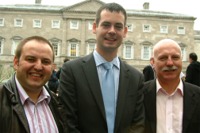 From left, Cllr. Pádraig MacLochlainnn, Cllr. Pearse Doherty, Seanad candidate, and Cllr. Tony McDaid outside Leinster House where they cast their votes.